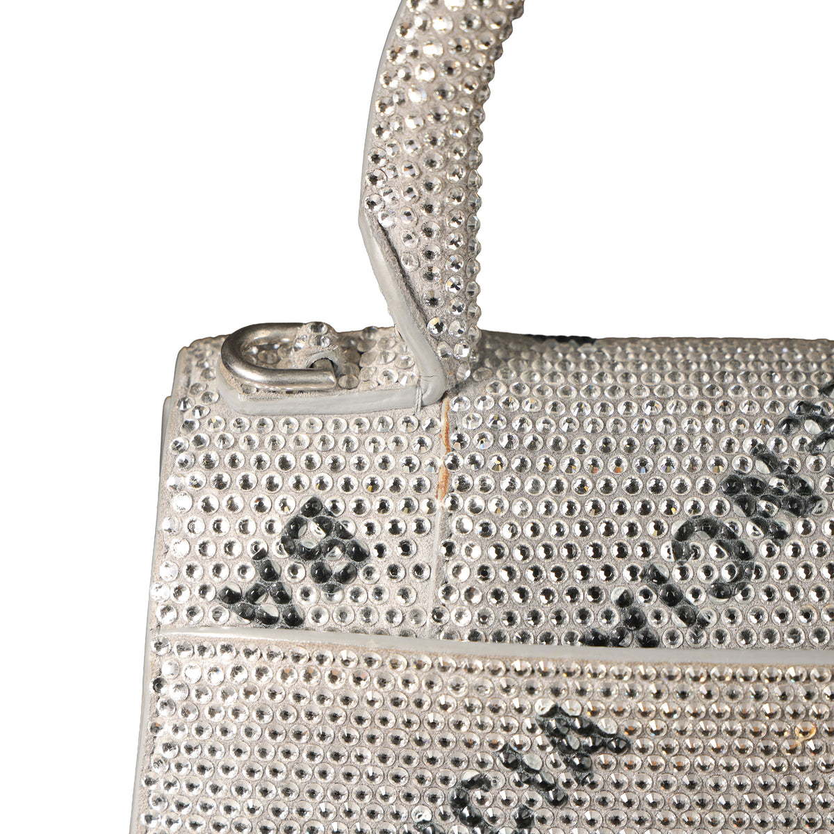 Preowned BALENCIAGA Hourglass XS Allover Logo Rhinestone Top Handle Bag w Chain Silver & Black | Luxe Again Maison