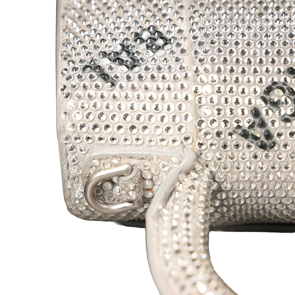 Preowned BALENCIAGA Hourglass XS Allover Logo Rhinestone Top Handle Bag w Chain Silver & Black | Luxe Again Maison
