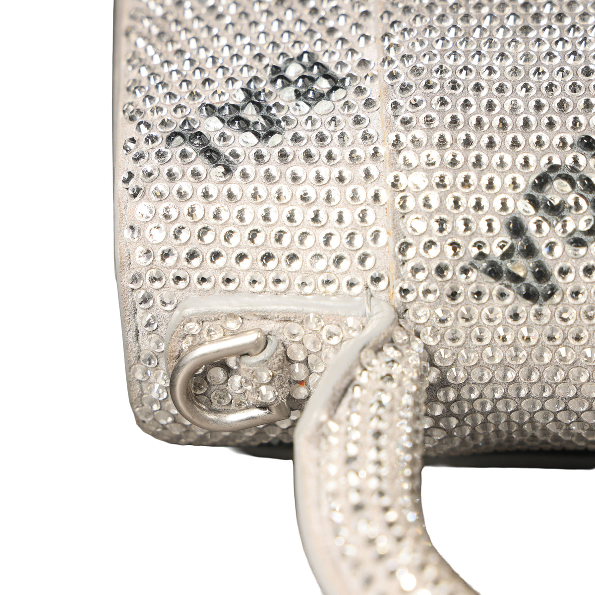 Preowned BALENCIAGA Hourglass XS Allover Logo Rhinestone Top Handle Bag w Chain Silver & Black | Luxe Again Maison