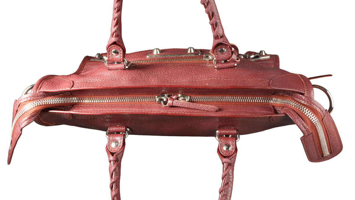 Preowned BALENCIAGA Small Metallic Edge City Leather SHW Burgundy | Luxe Again Maison