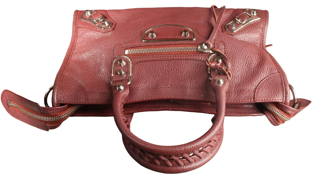 Preowned BALENCIAGA Small Metallic Edge City Leather SHW Burgundy | Luxe Again Maison