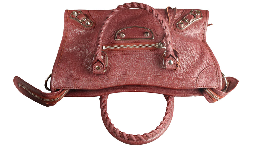 Preowned BALENCIAGA Small Metallic Edge City Leather SHW Burgundy | Luxe Again Maison