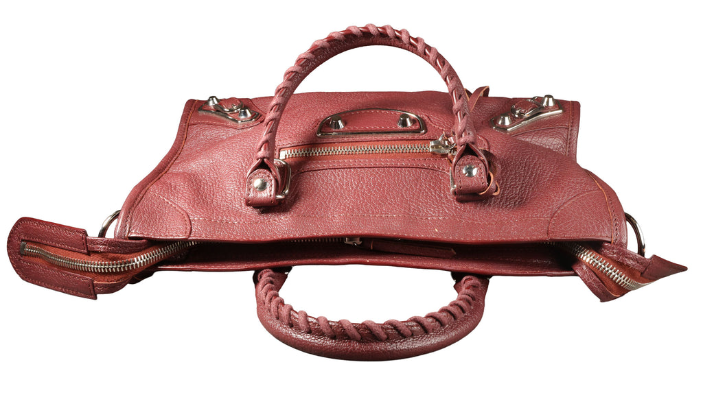 Preowned BALENCIAGA Small Metallic Edge City Leather SHW Burgundy | Luxe Again Maison