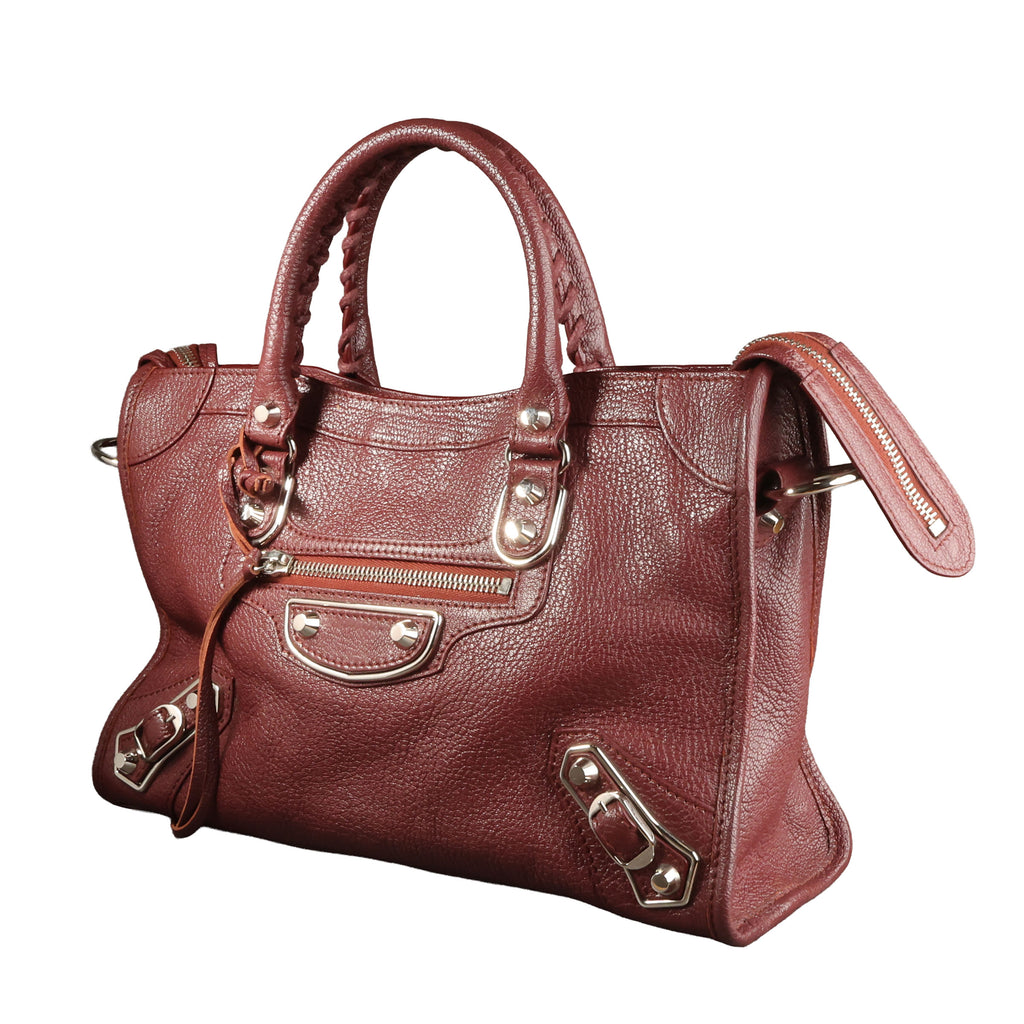 Preowned BALENCIAGA Small Metallic Edge City Leather SHW Burgundy | Luxe Again Maison