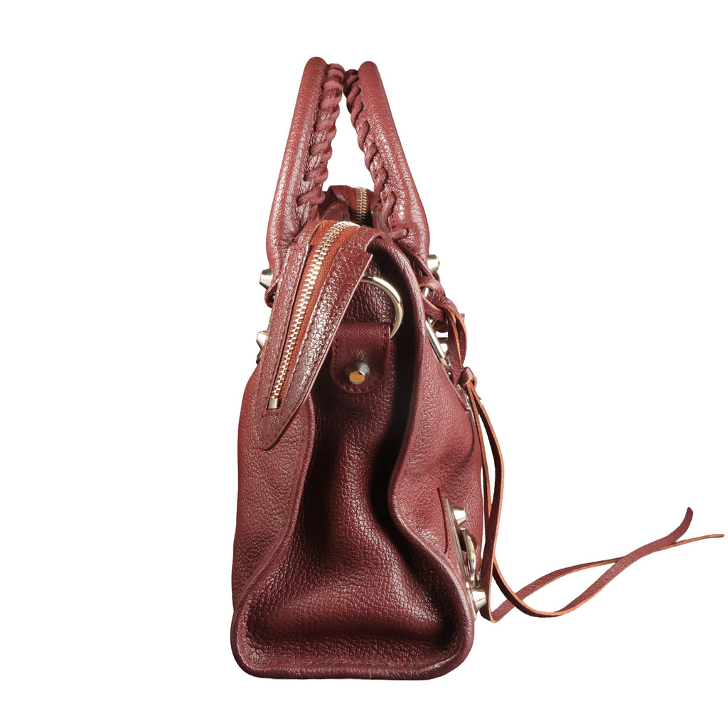 Preowned BALENCIAGA Small Metallic Edge City Leather SHW Burgundy | Luxe Again Maison