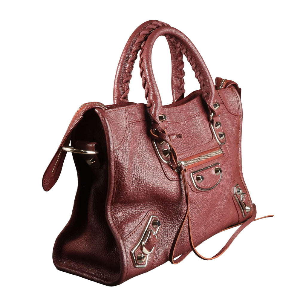 Preowned BALENCIAGA Small Metallic Edge City Leather SHW Burgundy | Luxe Again Maison