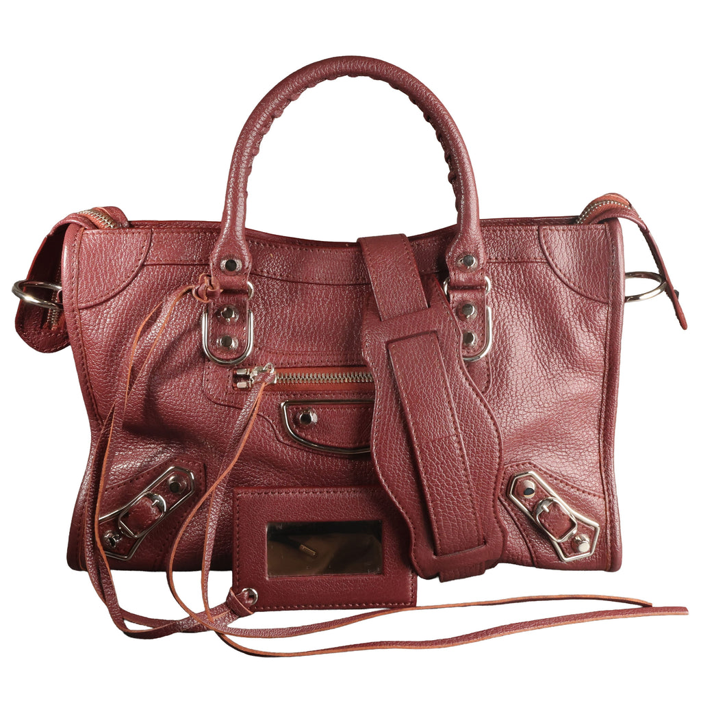 Preowned BALENCIAGA Small Metallic Edge City Leather SHW Burgundy | Luxe Again Maison