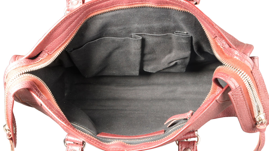 Preowned BALENCIAGA Small Metallic Edge City Leather SHW Burgundy | Luxe Again Maison