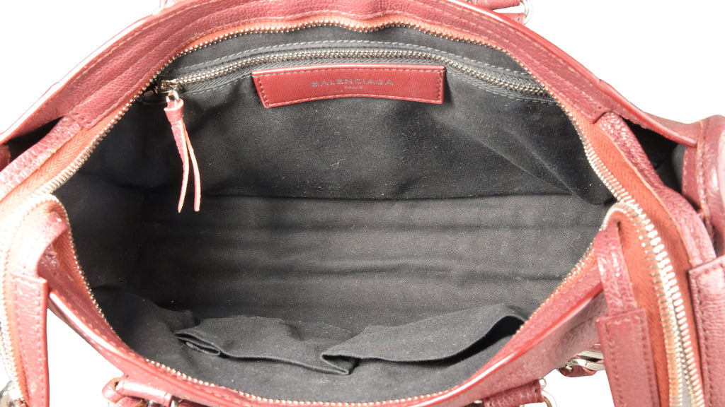 Preowned BALENCIAGA Small Metallic Edge City Leather SHW Burgundy | Luxe Again Maison