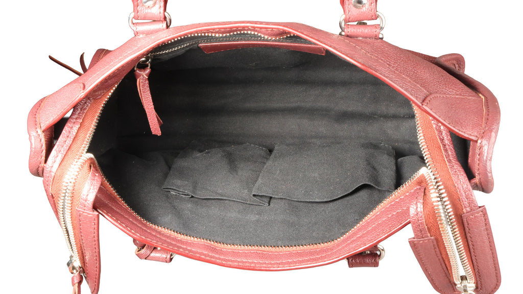 Preowned BALENCIAGA Small Metallic Edge City Leather SHW Burgundy | Luxe Again Maison