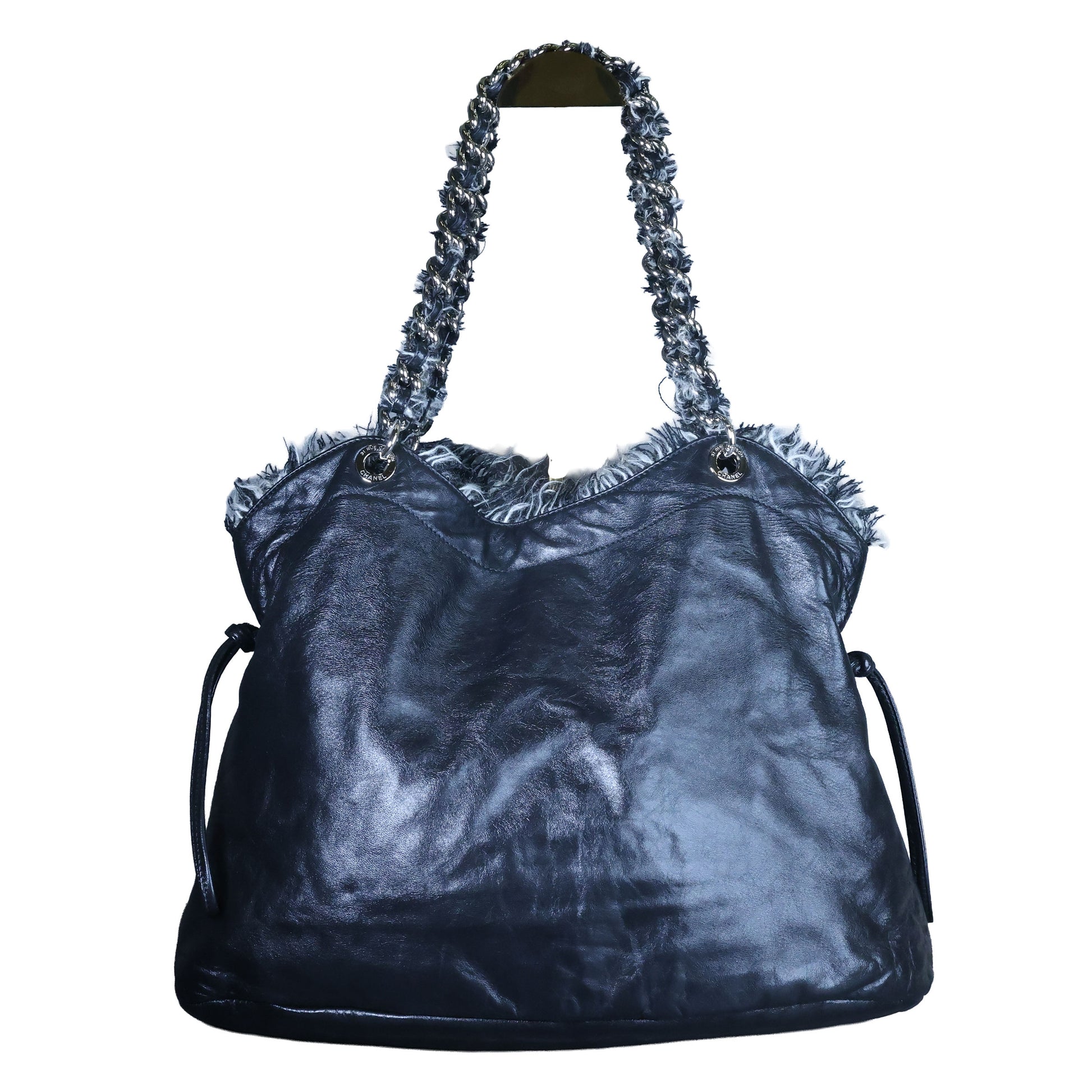 Preowned CHANEL Black Lambskin Leather And Fur Bon Bon Tote Bag | Luxe Again Maison