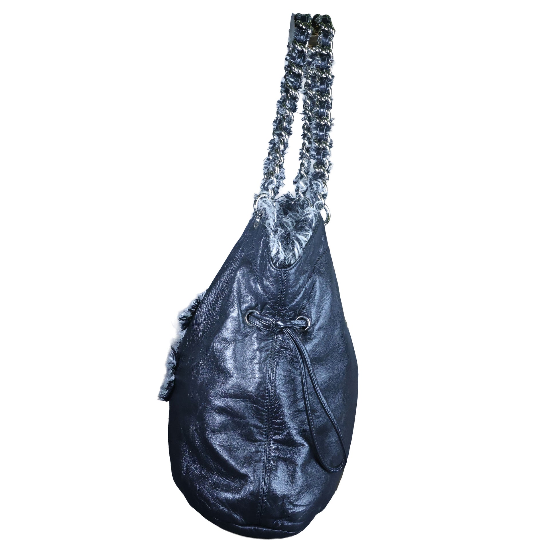 Preowned CHANEL Black Lambskin Leather And Fur Bon Bon Tote Bag | Luxe Again Maison