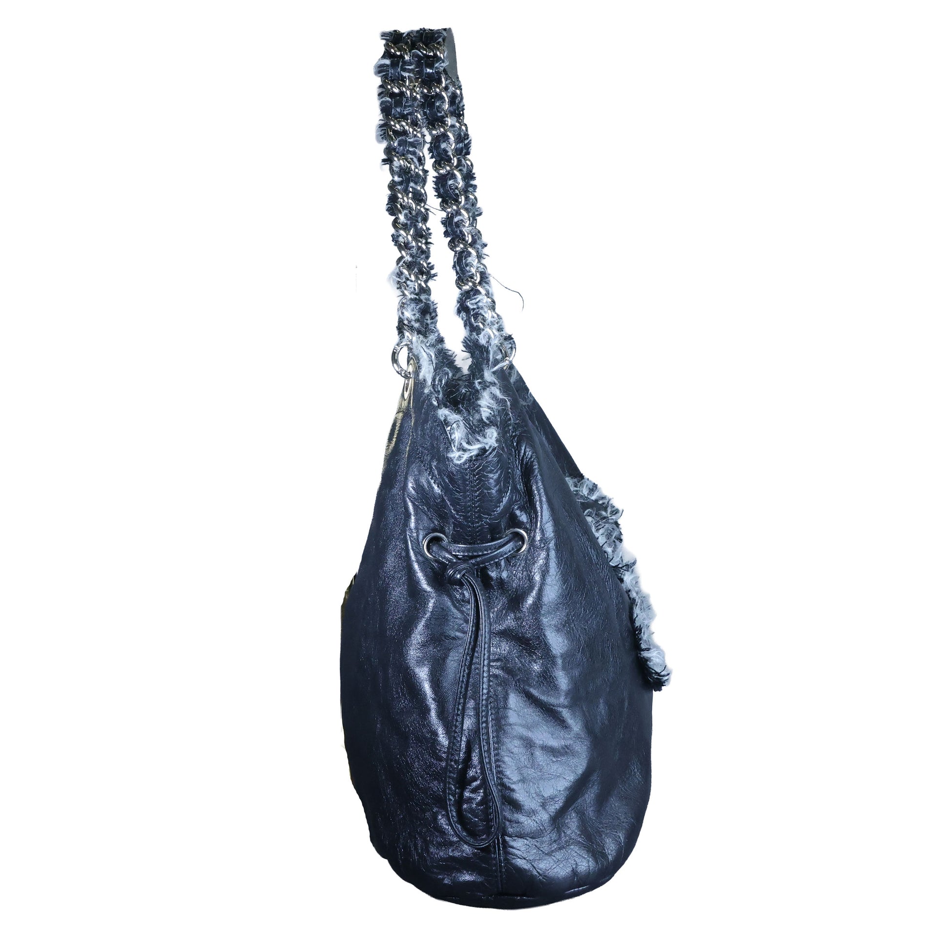 Preowned CHANEL Black Lambskin Leather And Fur Bon Bon Tote Bag | Luxe Again Maison