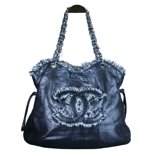 Preowned CHANEL Black Lambskin Leather And Fur Bon Bon Tote Bag | Luxe Again Maison