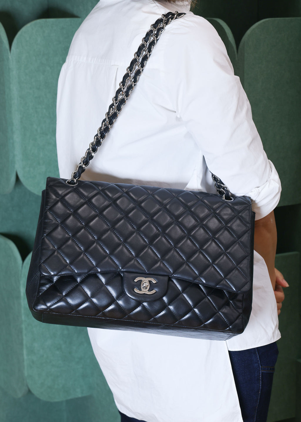 Preowned Chanel Classic Jumbo Black Quilted Leather Single Flap Bag Silver Hardware 13 Series Circa 2010s | Luxe Again Maison