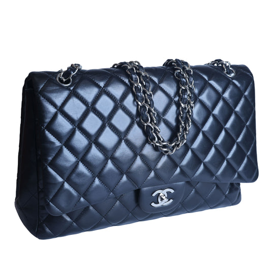 Preowned Chanel Classic Jumbo Black Quilted Leather Single Flap Bag Silver Hardware 13 Series Circa 2010s | Luxe Again Maison