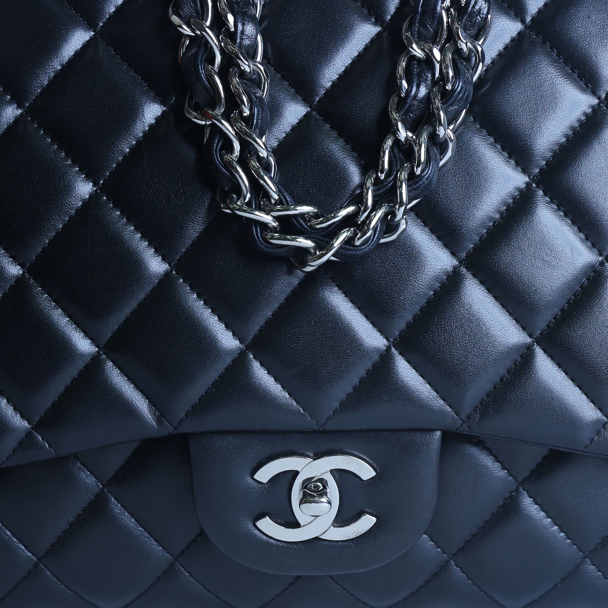 Preowned Chanel Classic Jumbo Black Quilted Leather Single Flap Bag Silver Hardware 13 Series Circa 2010s | Luxe Again Maison