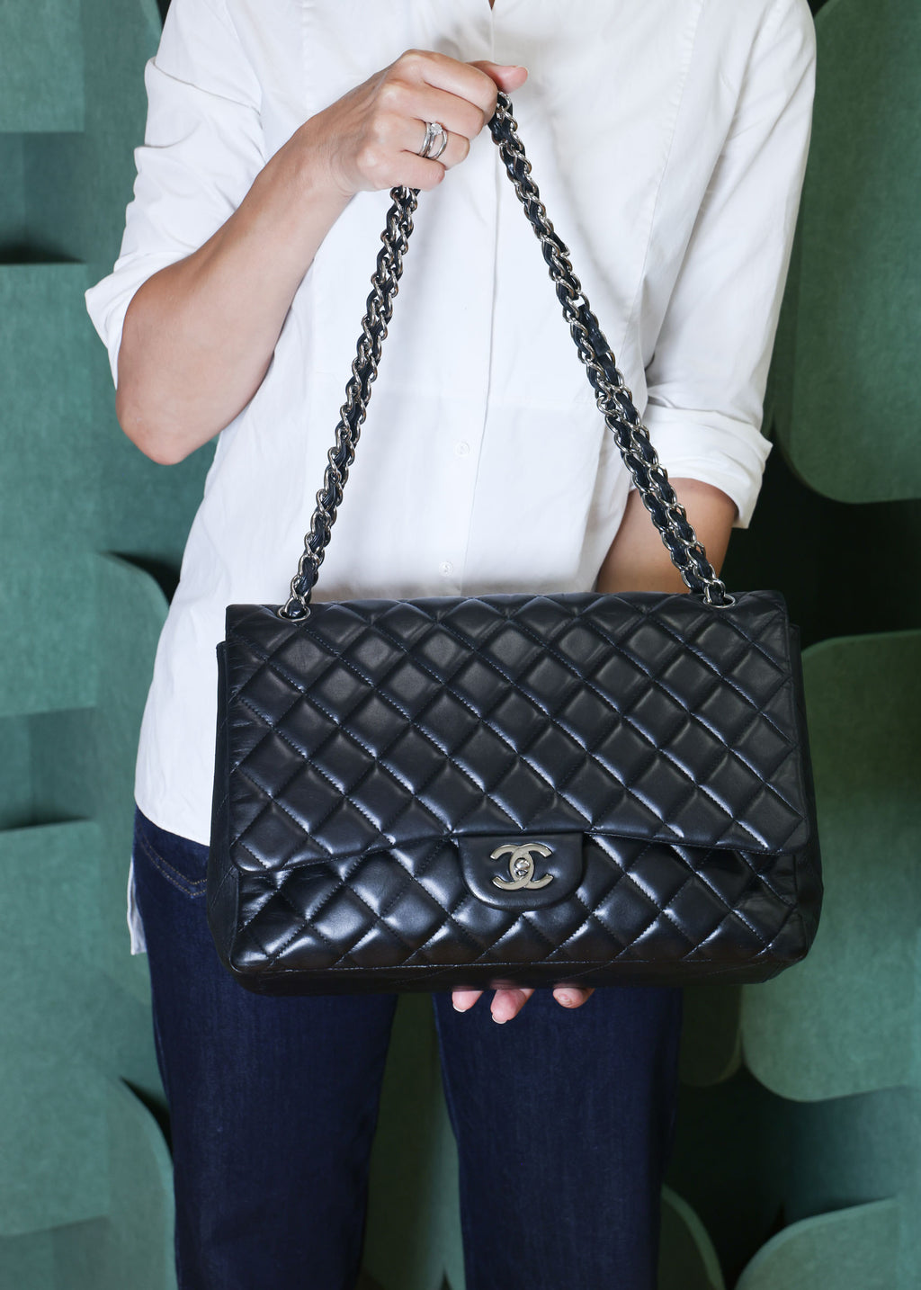 Preowned Chanel Classic Jumbo Black Quilted Leather Single Flap Bag Silver Hardware 13 Series Circa 2010s | Luxe Again Maison