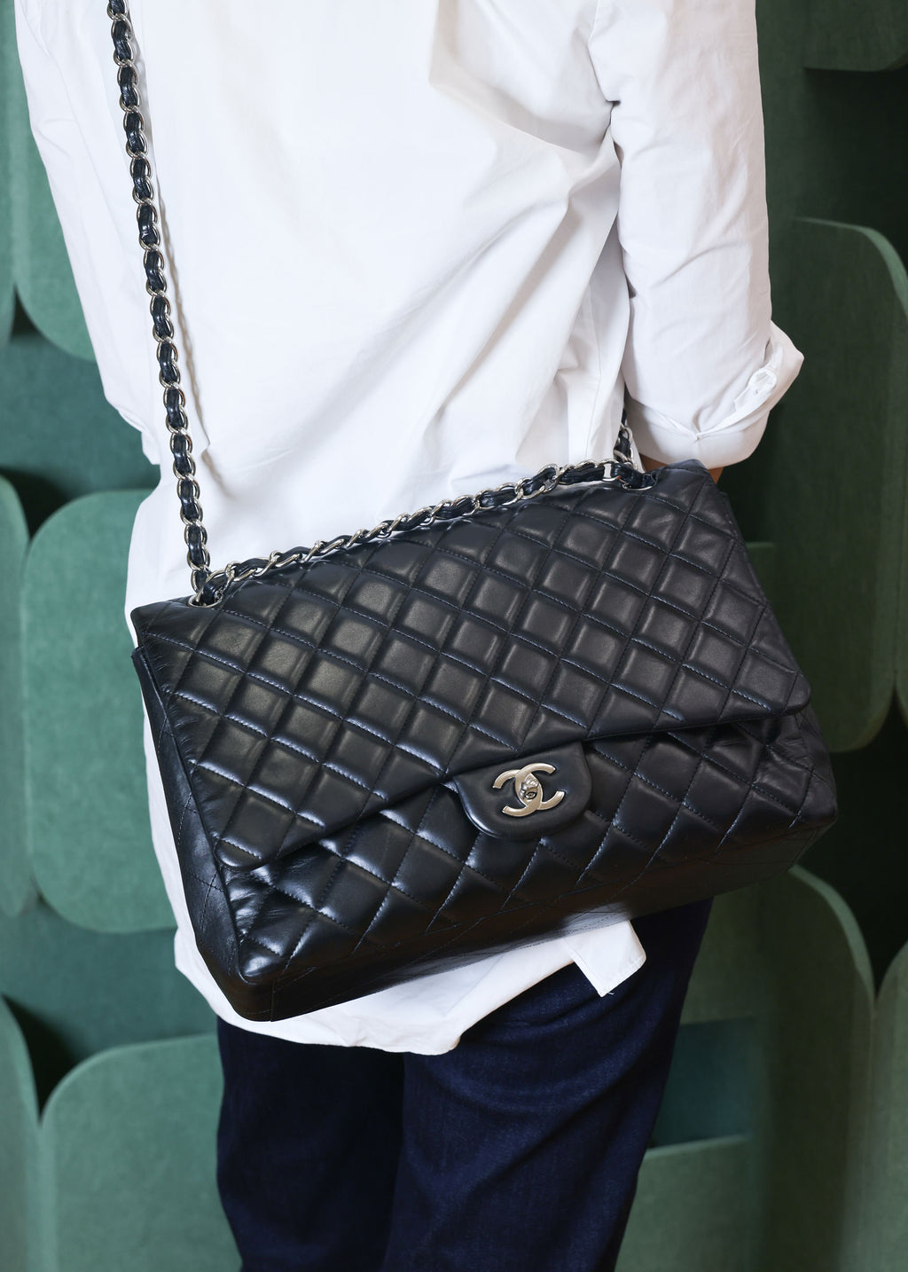 Preowned Chanel Classic Jumbo Black Quilted Leather Single Flap Bag Silver Hardware 13 Series Circa 2010s | Luxe Again Maison