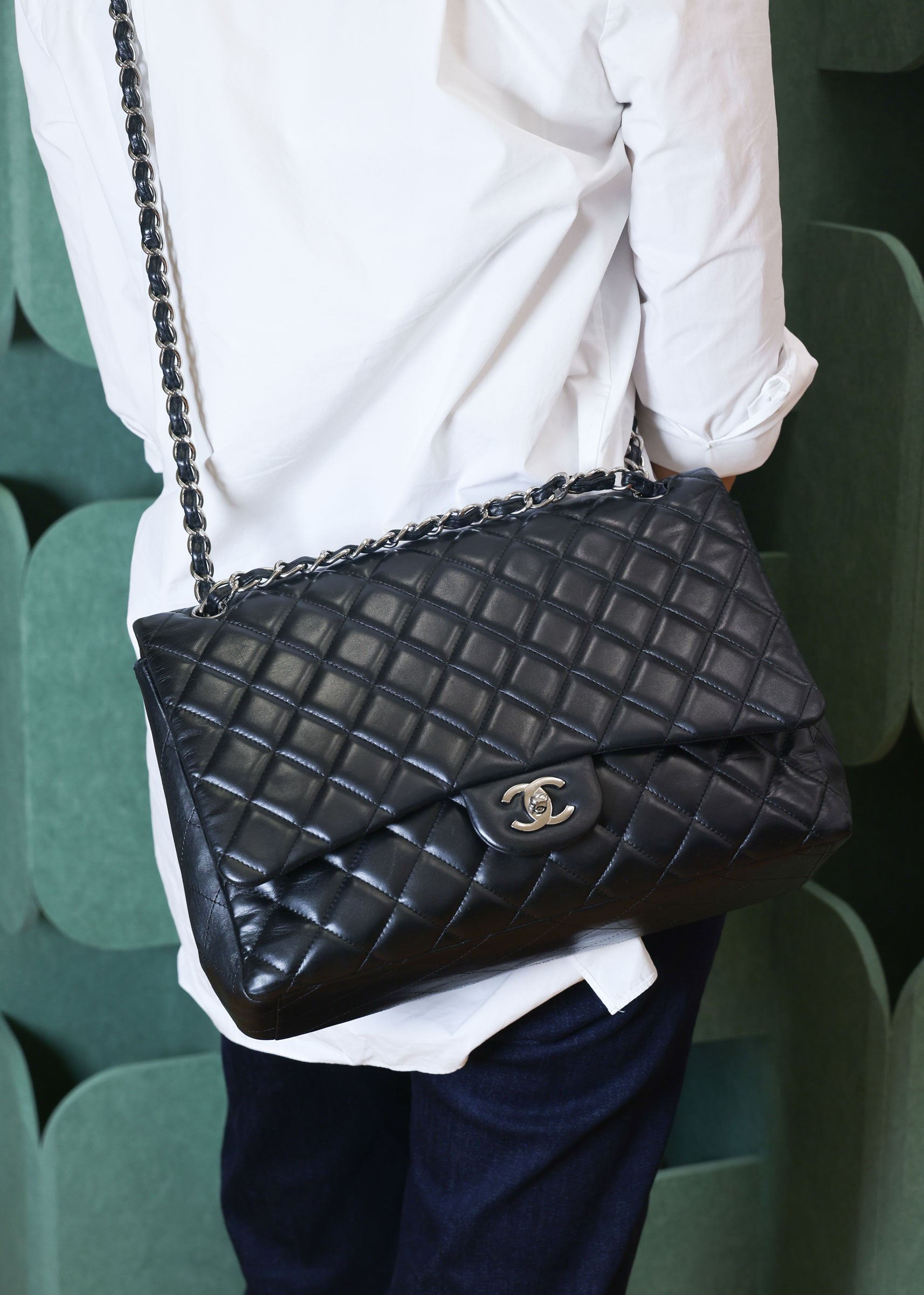 Preowned Chanel Classic Jumbo Black Quilted Leather Single Flap Bag Silver Hardware 13 Series Circa 2010s | Luxe Again Maison