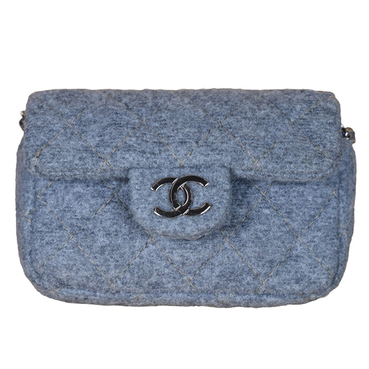 Preowned CHANEL Extra Mini Flap Wool Matelasse Gray SHW Bag | Luxe Again Maison