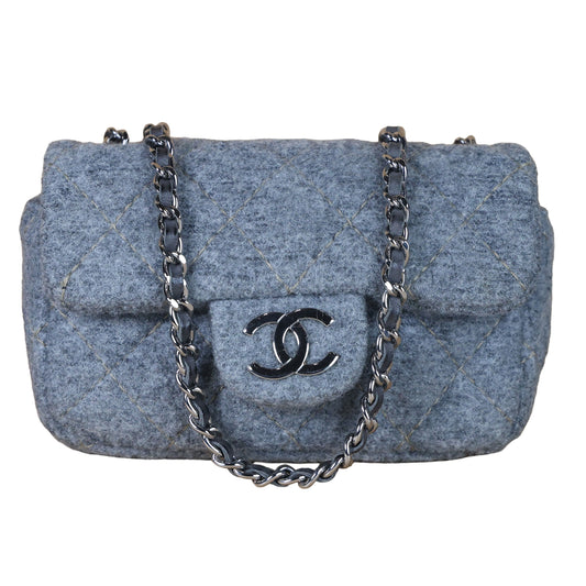 Preowned CHANEL Extra Mini Flap Wool Matelasse Gray SHW Bag | Luxe Again Maison