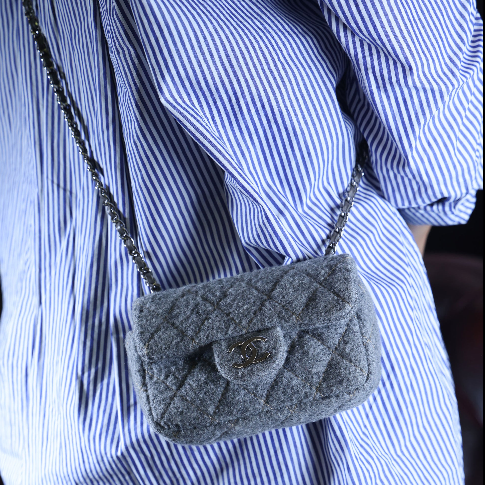 Preowned CHANEL Extra Mini Flap Wool Matelasse Gray SHW Bag | Luxe Again Maison