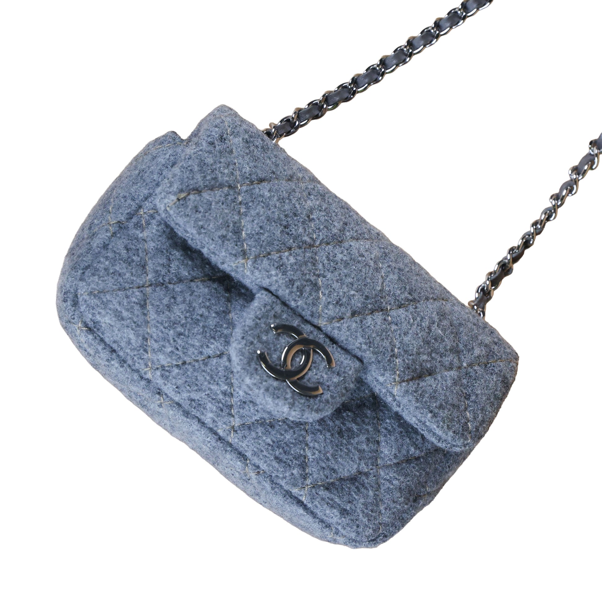 Preowned CHANEL Extra Mini Flap Wool Matelasse Gray SHW Bag | Luxe Again Maison