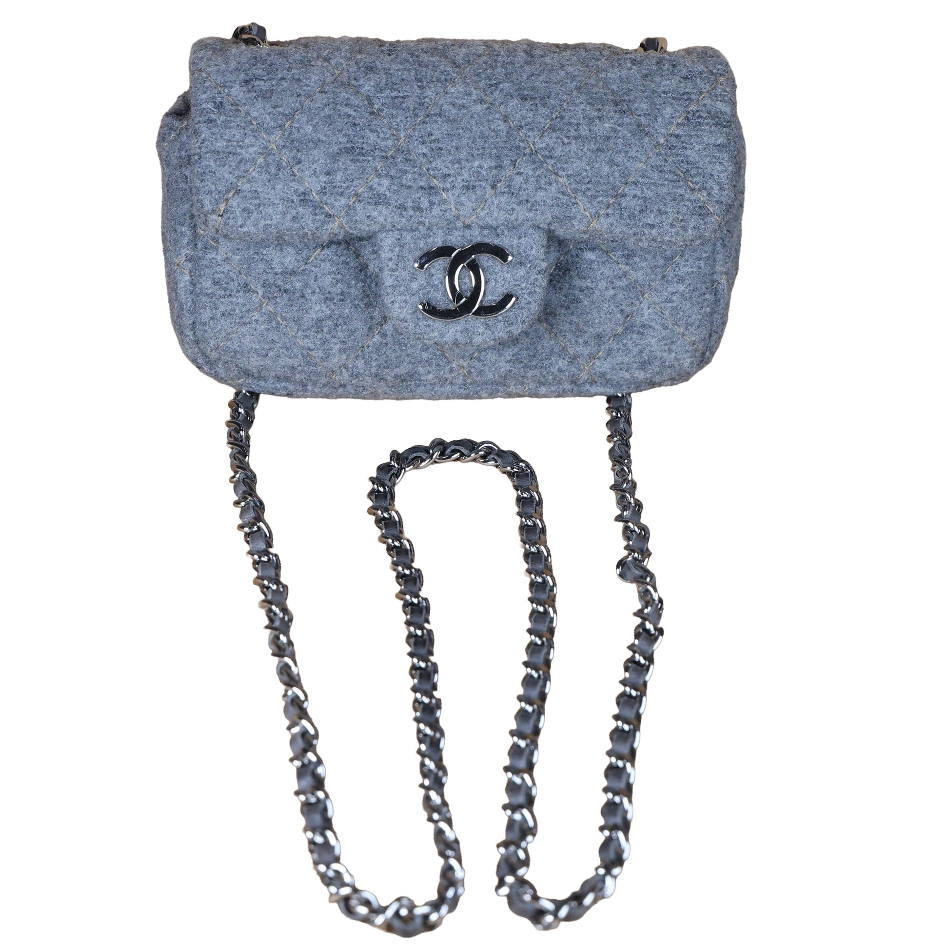 Preowned CHANEL Extra Mini Flap Wool Matelasse Gray SHW Bag | Luxe Again Maison