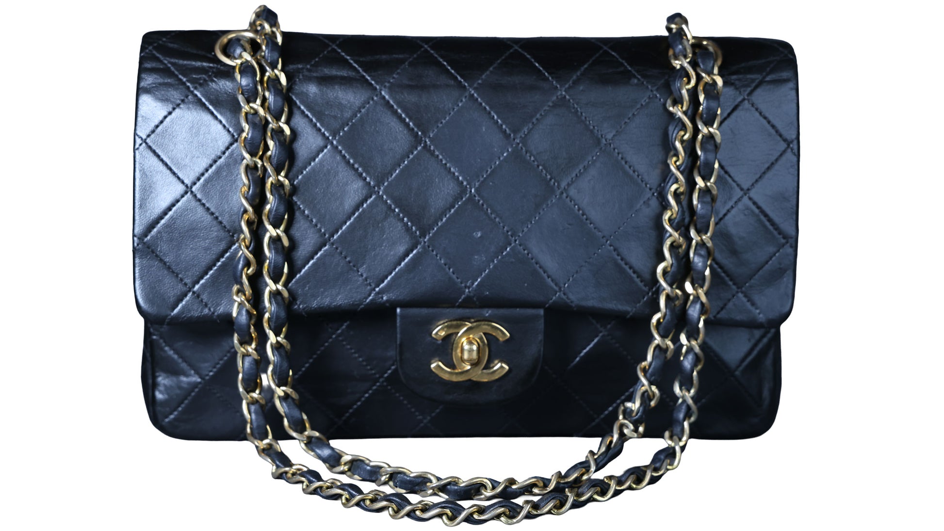 Preowned CHANEL Vintage Matelasse 25 Double Flap Black Lambskin Gold-Tone Hardware 09XXXXX 0 Series | Luxe Again Maison