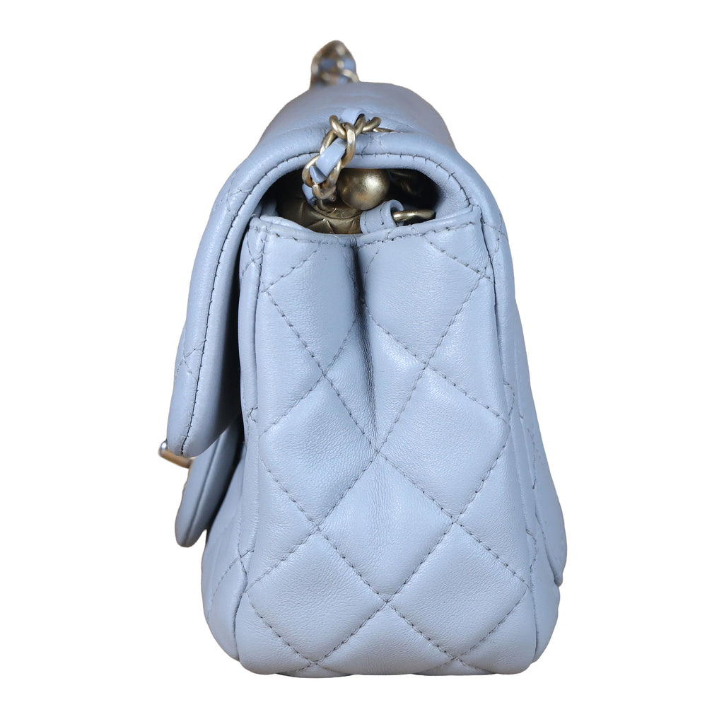 Preowned CHANEL Mini 17 Matelasse Single Flap Lambskin  Coco Ball Chain GHW Gray Bag | Luxe Again Maison
