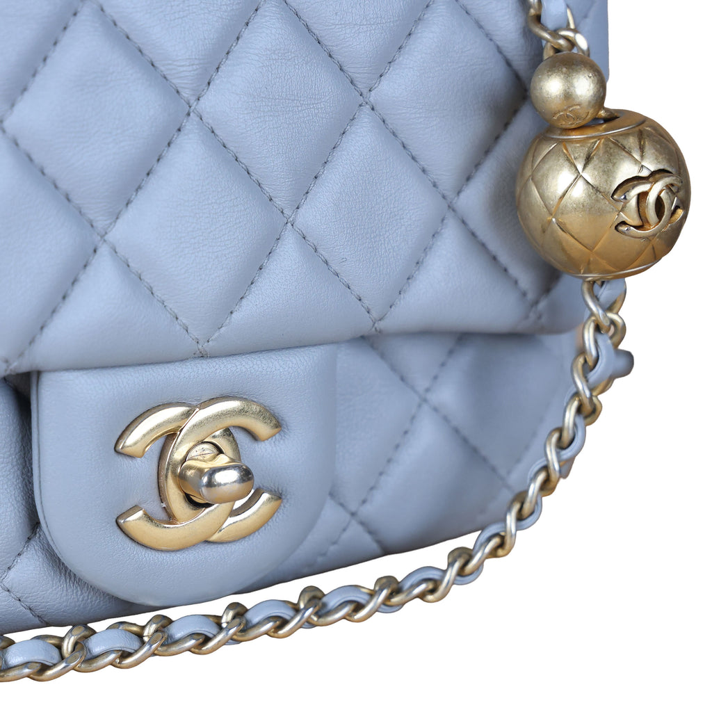 Preowned CHANEL Mini 17 Matelasse Single Flap Lambskin  Coco Ball Chain GHW Gray Bag | Luxe Again Maison