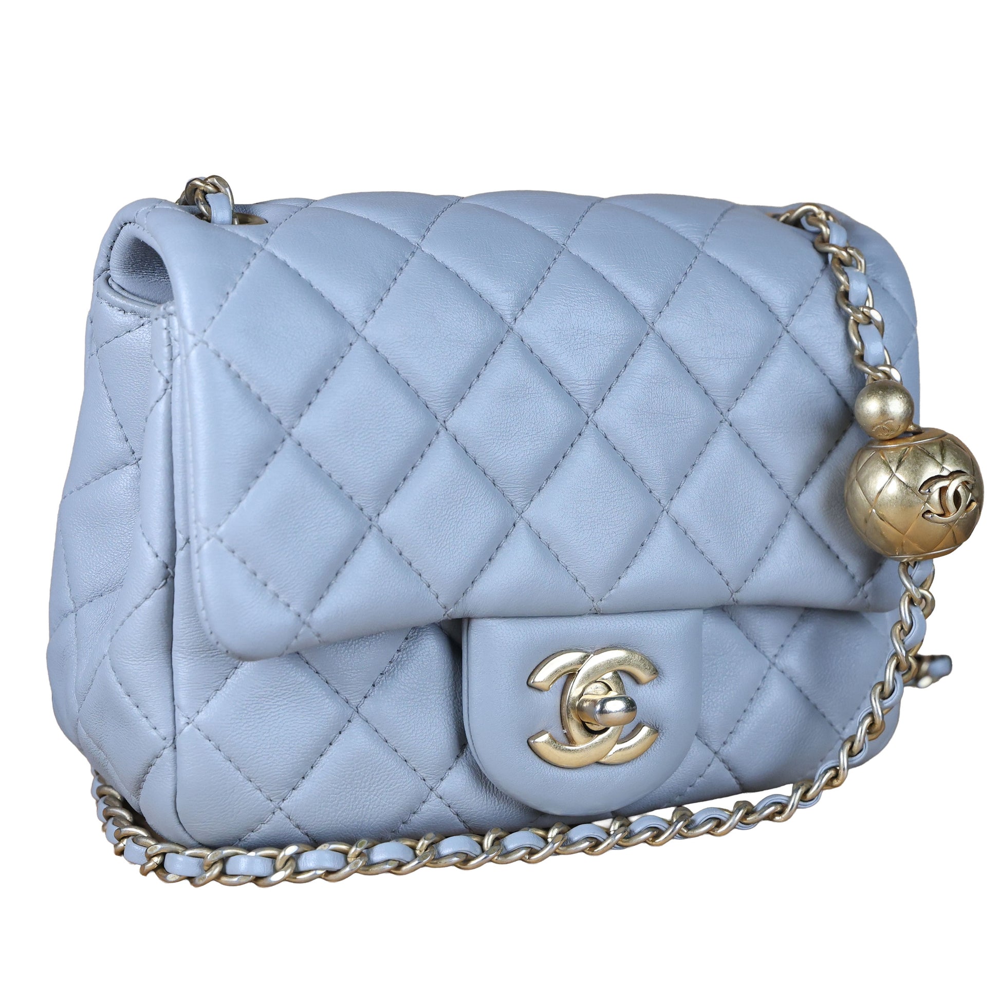 Preowned CHANEL Mini 17 Matelasse Single Flap Lambskin  Coco Ball Chain GHW Gray Bag | Luxe Again Maison