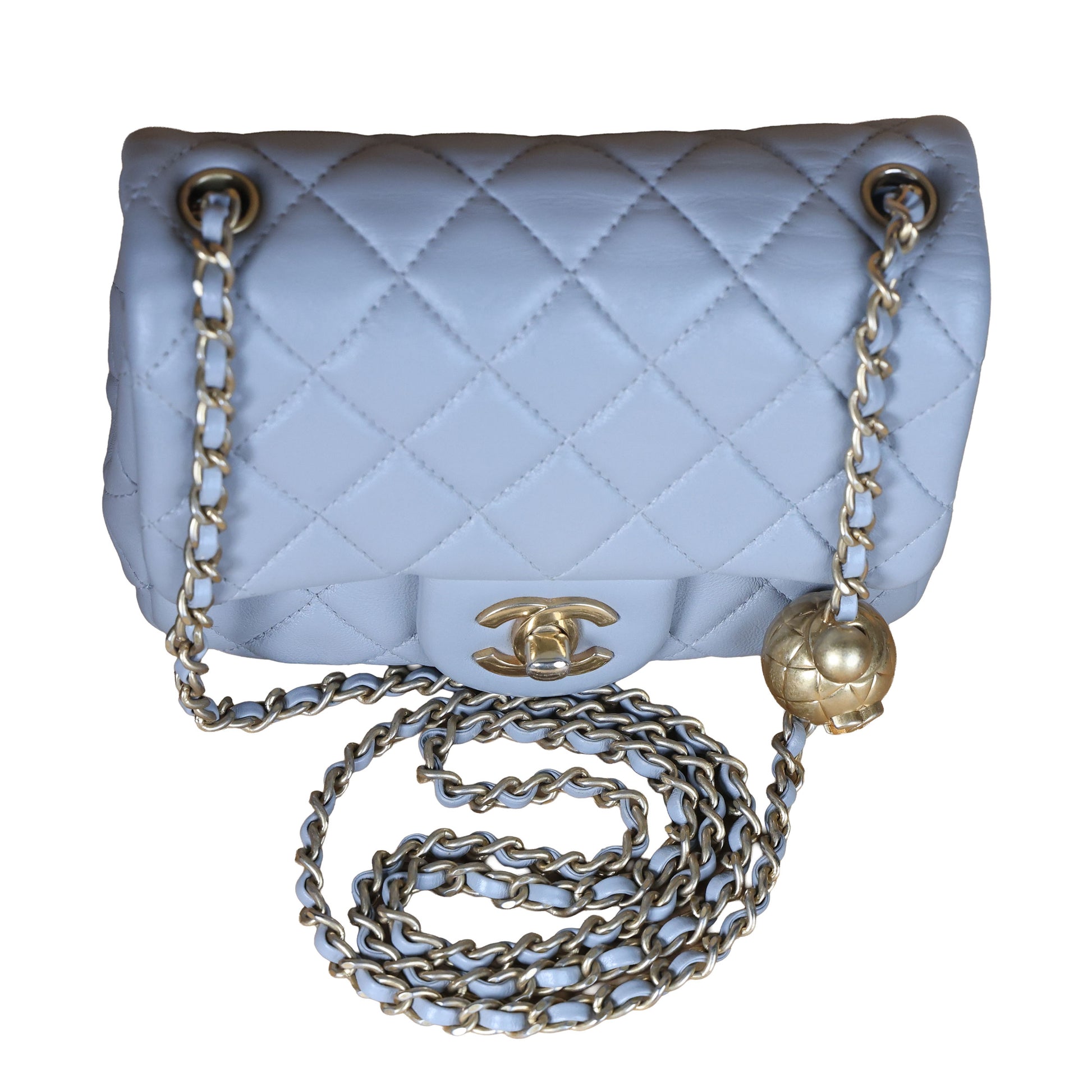 Preowned CHANEL Mini 17 Matelasse Single Flap Lambskin  Coco Ball Chain GHW Gray Bag | Luxe Again Maison