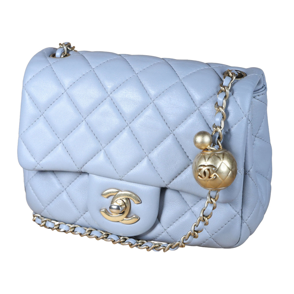 Preowned CHANEL Mini 17 Matelasse Single Flap Lambskin  Coco Ball Chain GHW Gray Bag | Luxe Again Maison