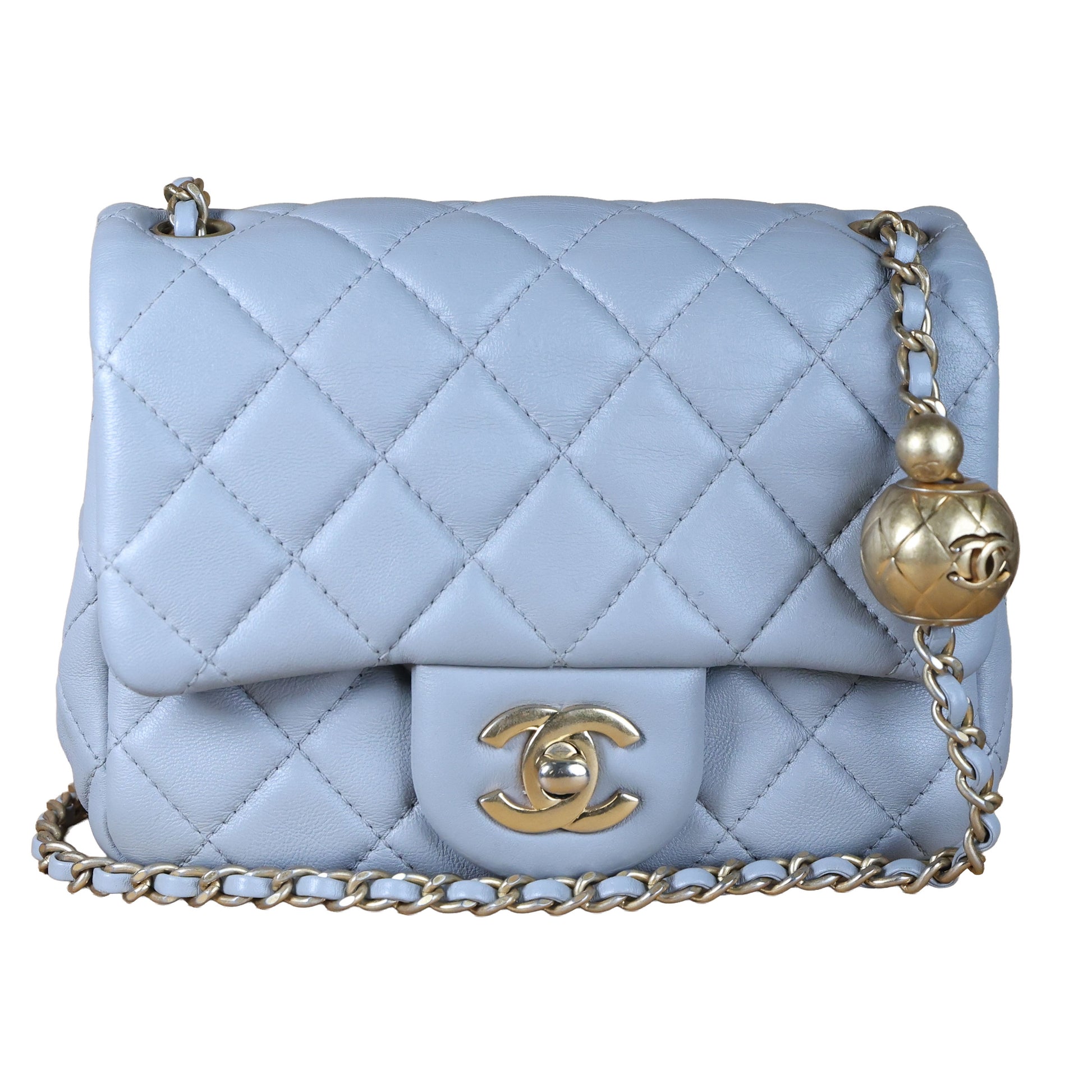 Preowned CHANEL Mini 17 Matelasse Single Flap Lambskin  Coco Ball Chain GHW Gray Bag | Luxe Again Maison