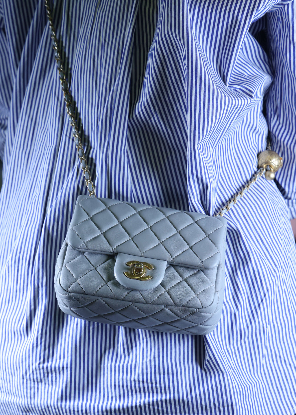 Preowned CHANEL Mini 17 Matelasse Single Flap Lambskin  Coco Ball Chain GHW Gray Bag | Luxe Again Maison