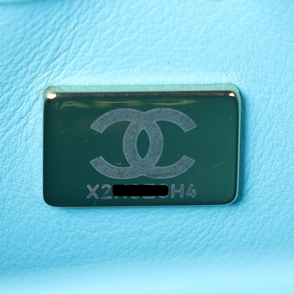 Preowned CHANEL Mini Flap Bag Top Handle Tiffany Blue Lambskin | Luxe Again Maison