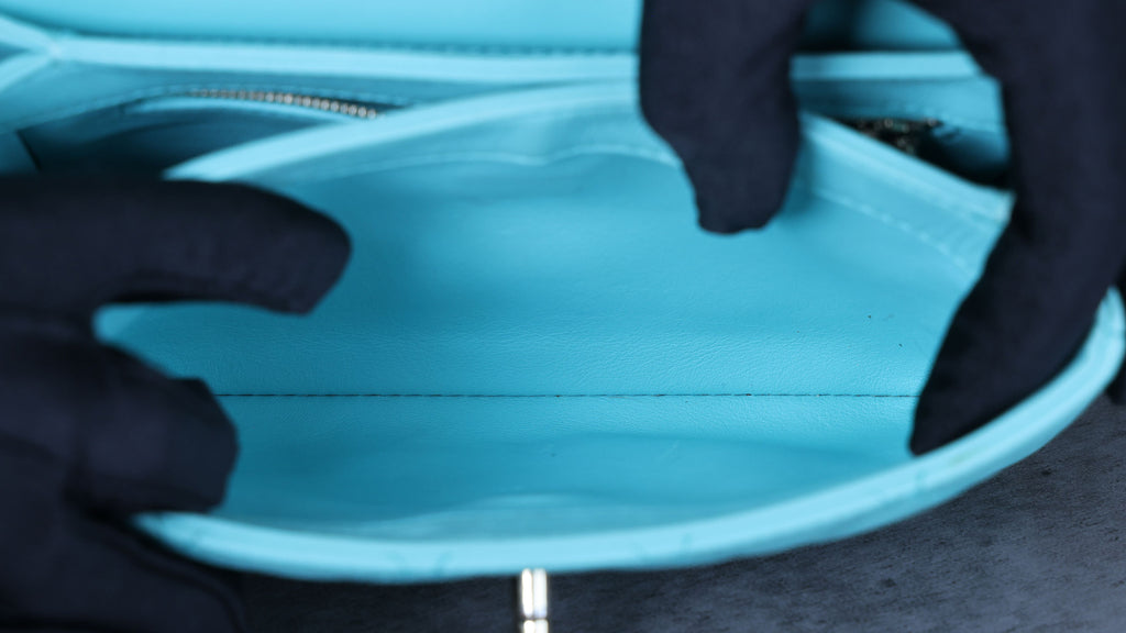Preowned CHANEL Mini Flap Bag Top Handle Tiffany Blue Lambskin | Luxe Again Maison