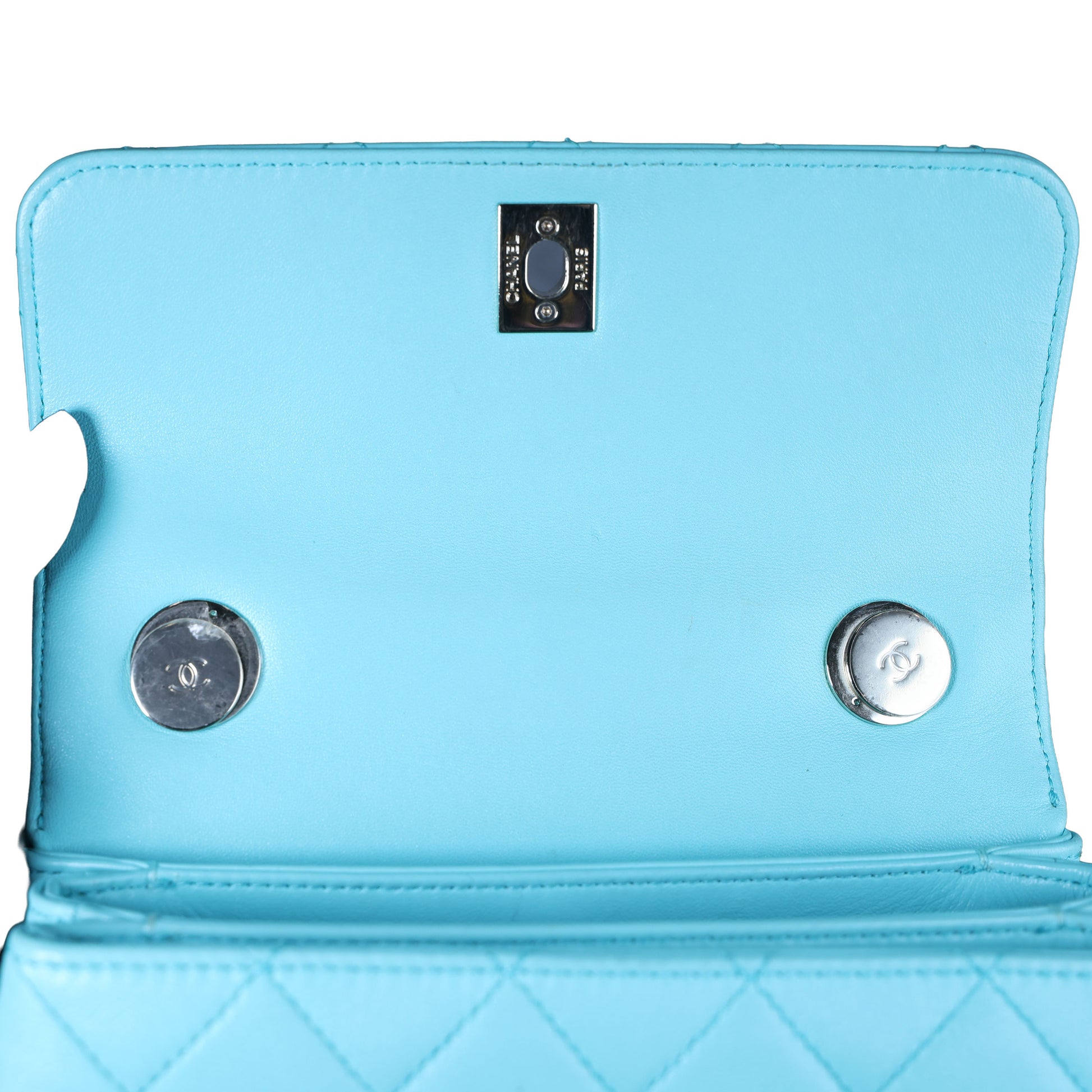 Preowned CHANEL Mini Flap Bag Top Handle Tiffany Blue Lambskin | Luxe Again Maison