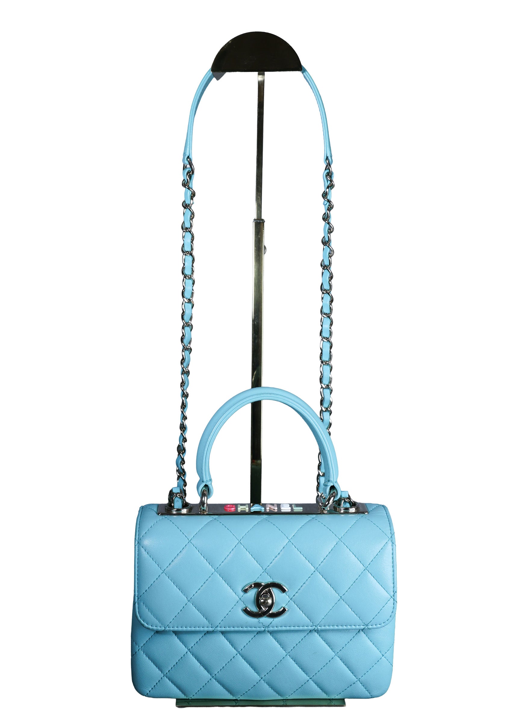 Preowned CHANEL Mini Flap Bag Top Handle Tiffany Blue Lambskin | Luxe Again Maison