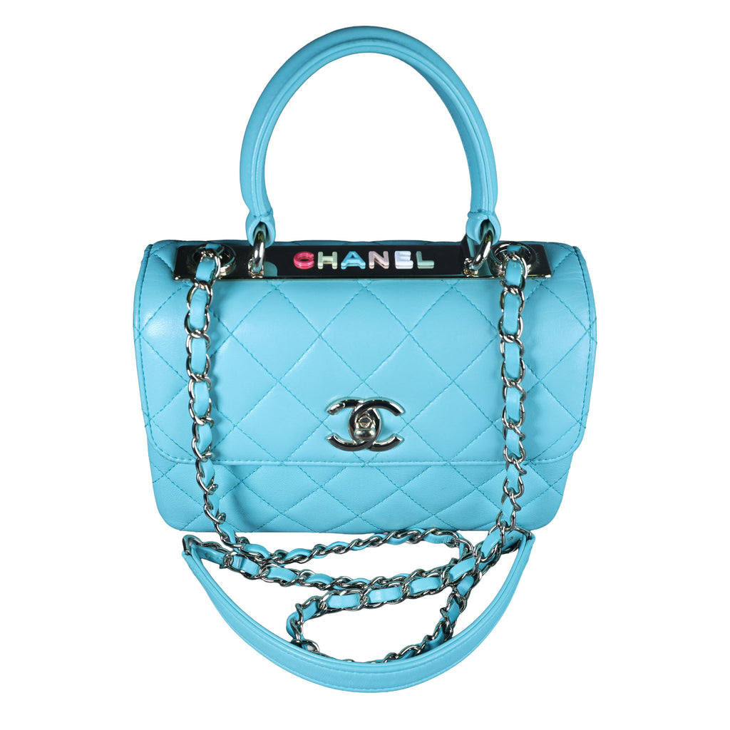 Preowned CHANEL Mini Flap Bag Top Handle Tiffany Blue Lambskin | Luxe Again Maison