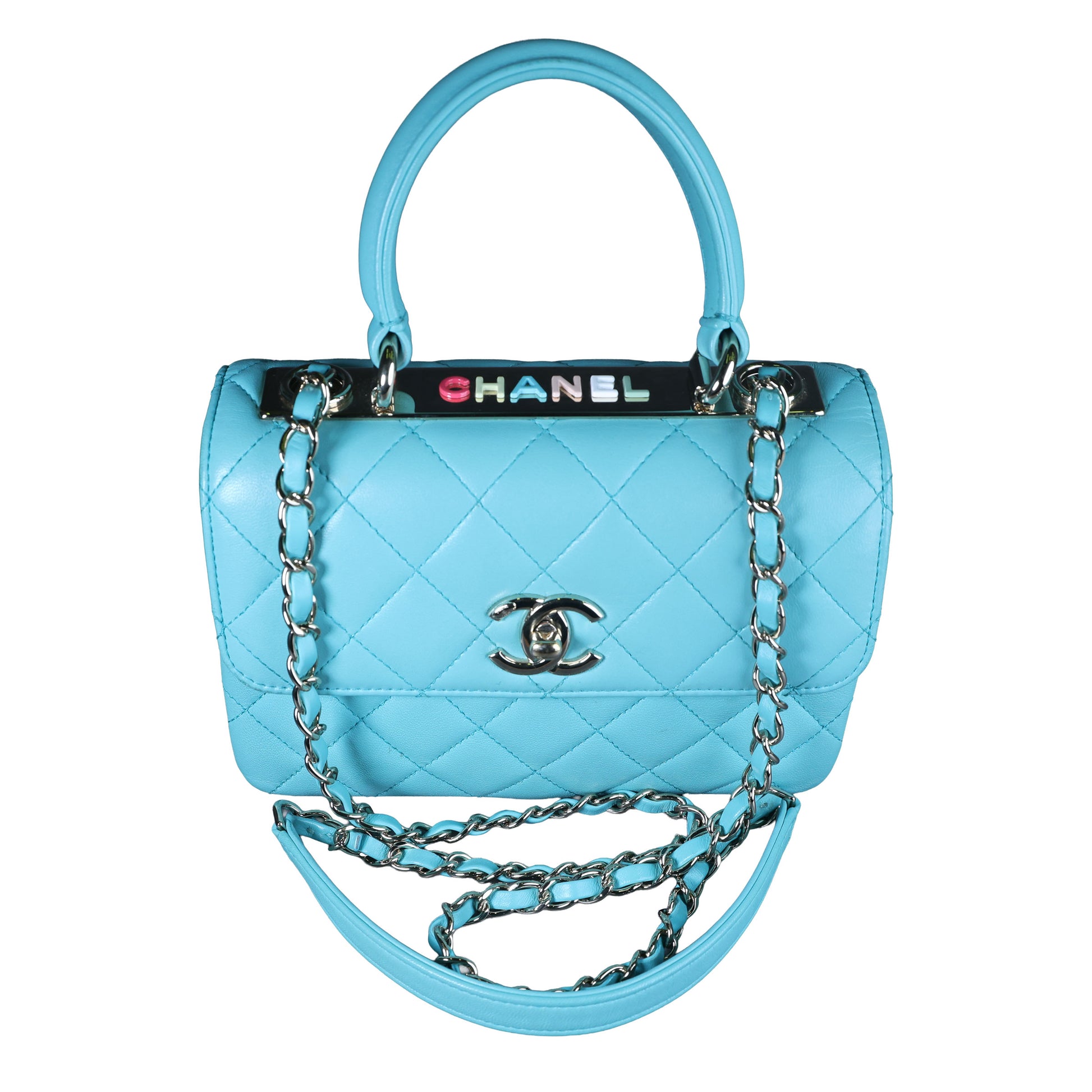 Preowned CHANEL Mini Flap Bag Top Handle Tiffany Blue Lambskin | Luxe Again Maison