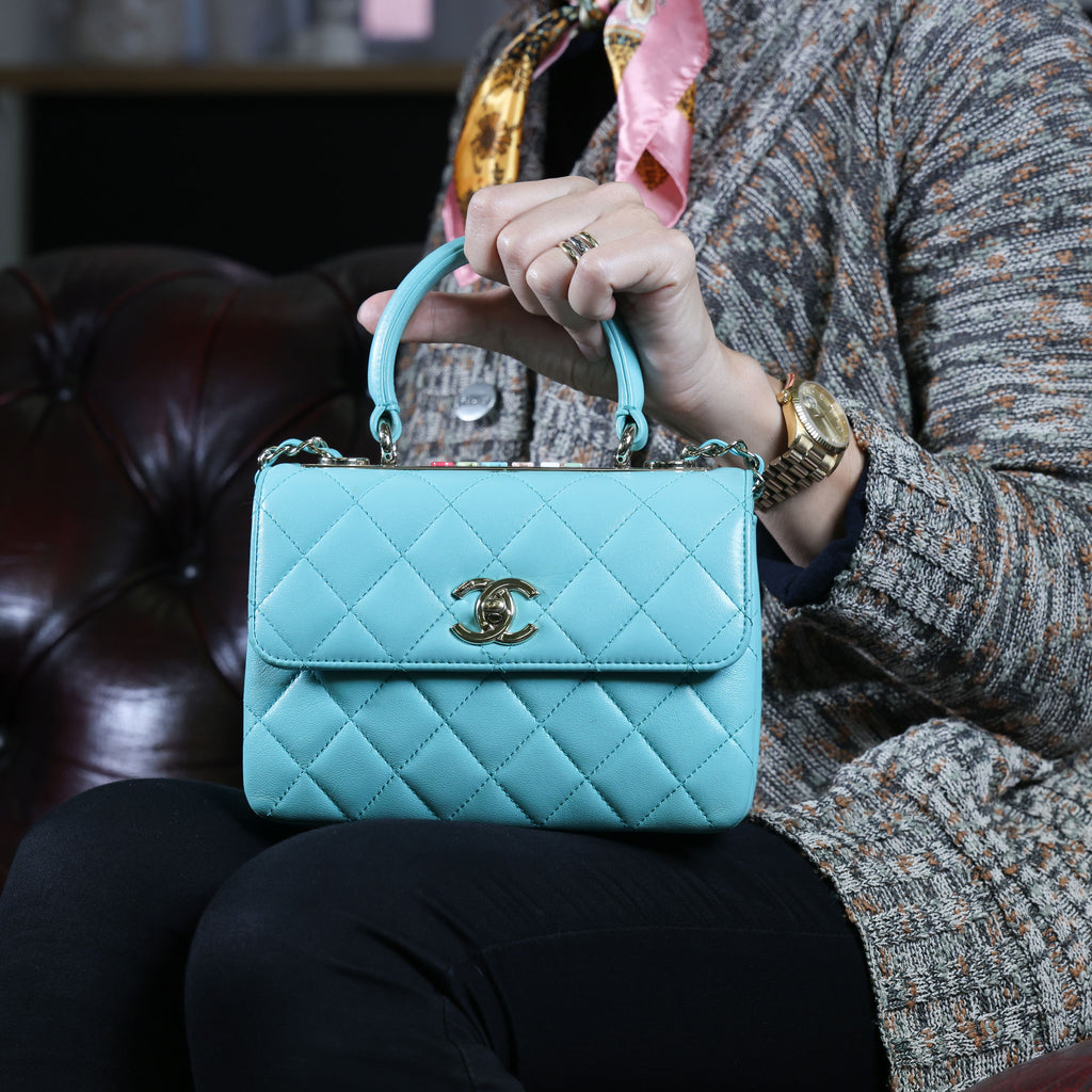 Preowned CHANEL Mini Flap Bag Top Handle Tiffany Blue Lambskin | Luxe Again Maison