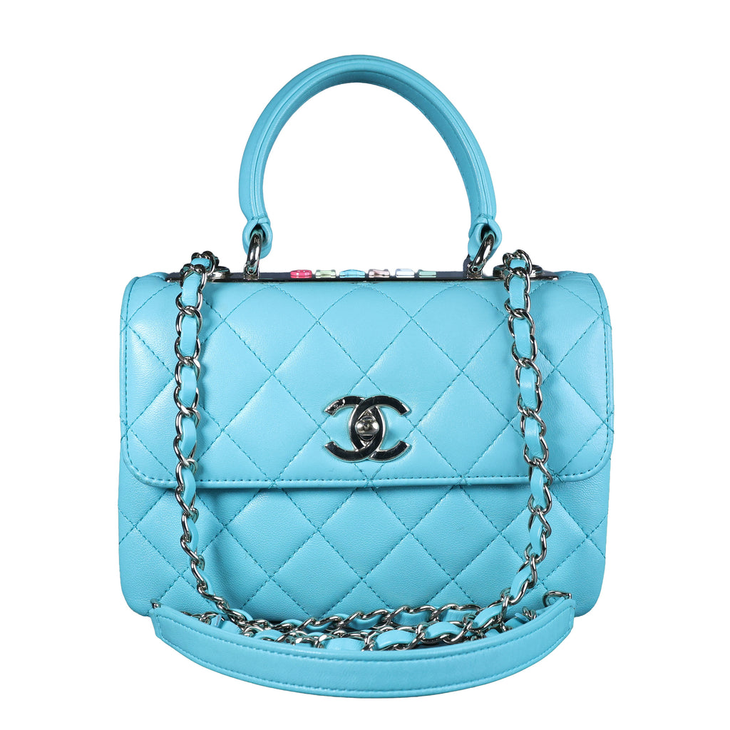 Preowned CHANEL Mini Flap Bag Top Handle Tiffany Blue Lambskin | Luxe Again Maison