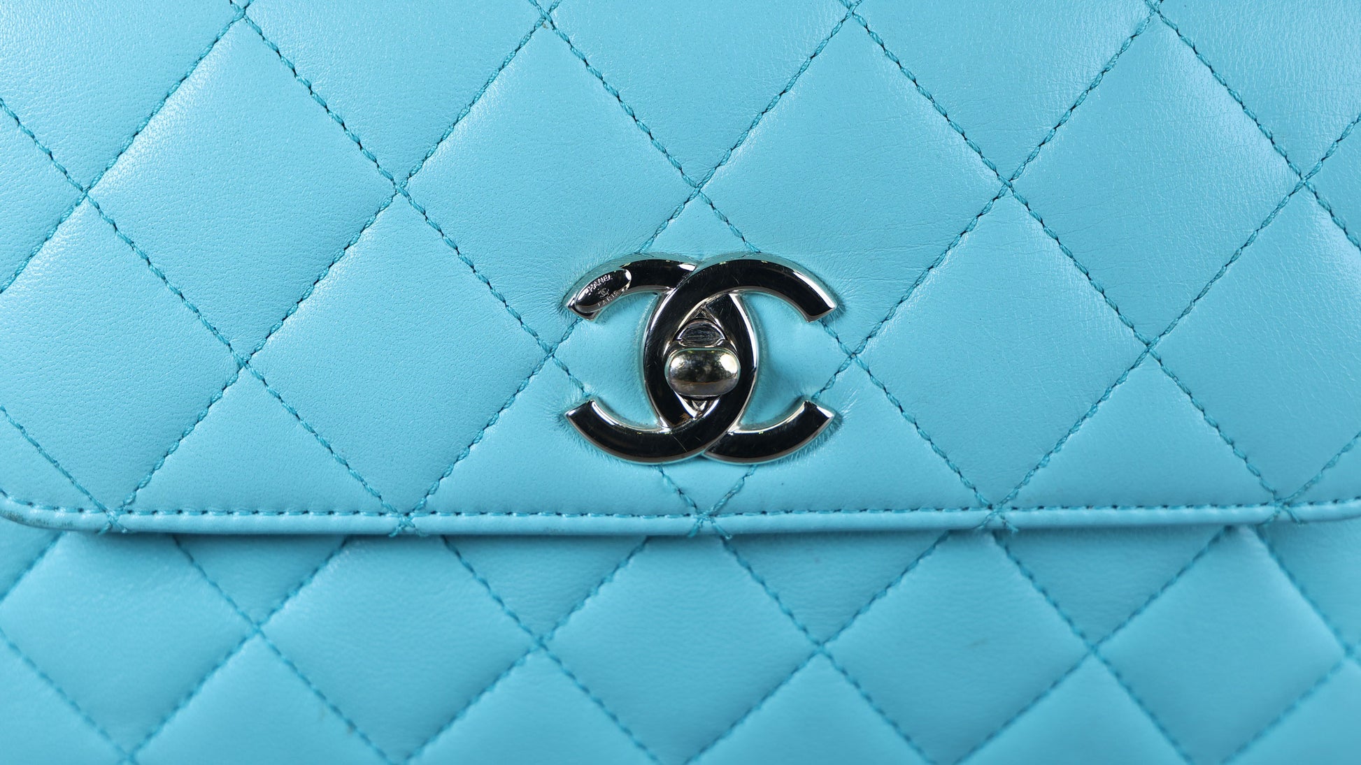 Preowned CHANEL Mini Flap Bag Top Handle Tiffany Blue Lambskin | Luxe Again Maison