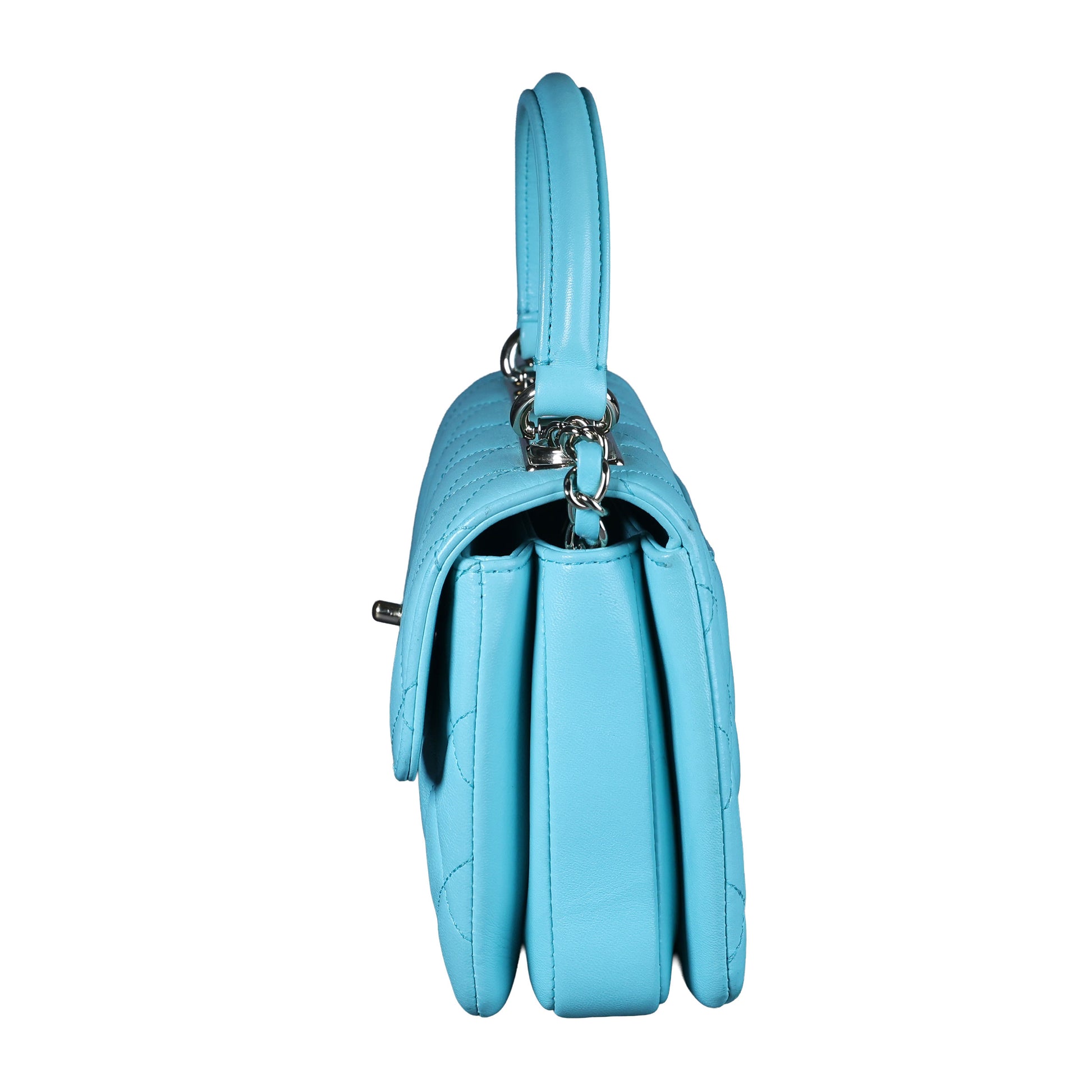 Preowned CHANEL Mini Flap Bag Top Handle Tiffany Blue Lambskin | Luxe Again Maison