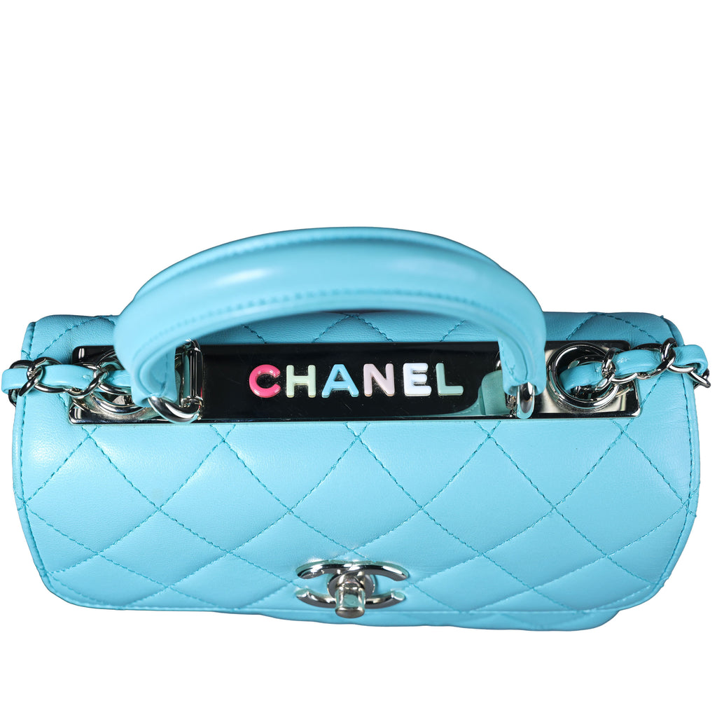 Preowned CHANEL Mini Flap Bag Top Handle Tiffany Blue Lambskin | Luxe Again Maison