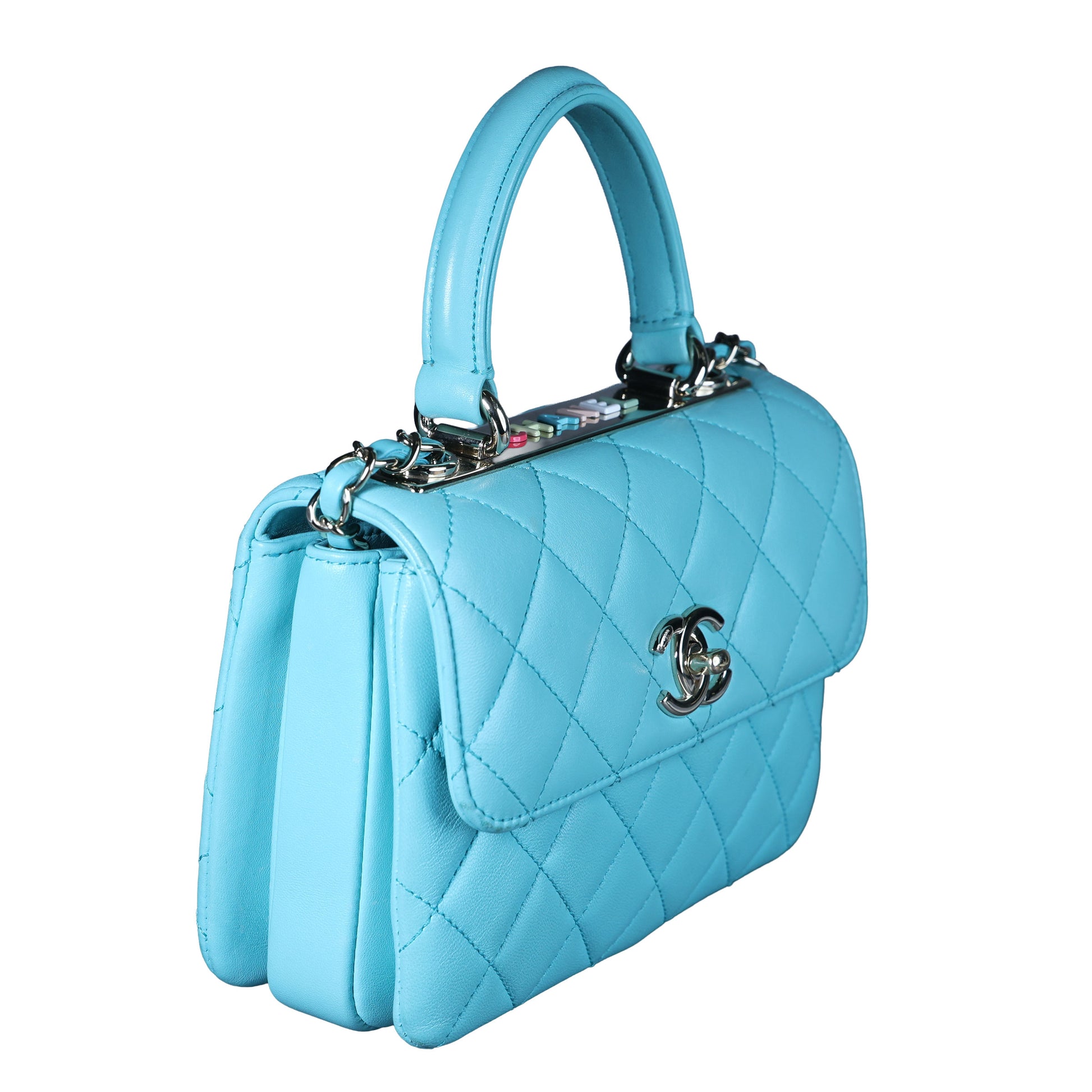 Preowned CHANEL Mini Flap Bag Top Handle Tiffany Blue Lambskin | Luxe Again Maison
