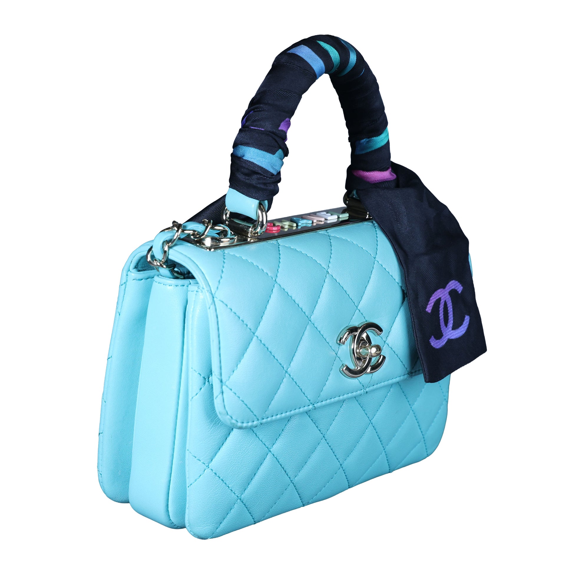 Preowned CHANEL Mini Flap Bag Top Handle Tiffany Blue Lambskin | Luxe Again Maison
